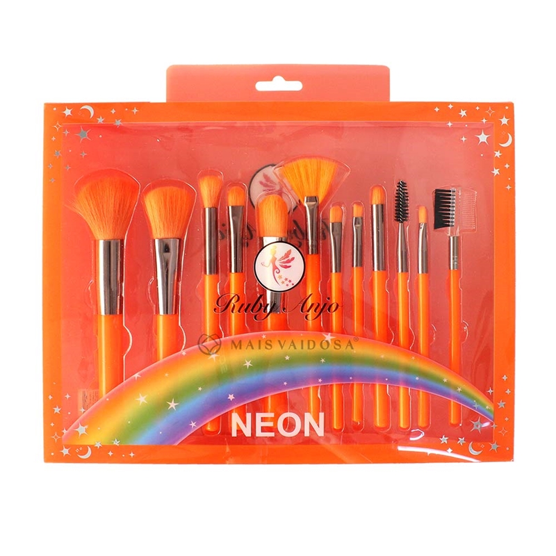 Kit 12 Pincéis para Maquiagem Laranja Neon Ruby Anjo Mais Vaidosa